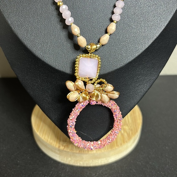 Rose Quartz Wire Beaded Pendant Feminine Girly Grandma Core Necklace - Picture 2 of 10